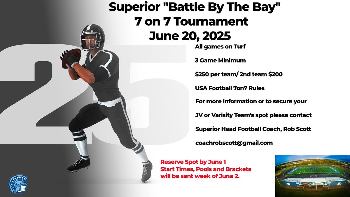 Battle By The Bay, 7on7 Tournament!
High School Coaches, email Superior Head Coach, Rob Scott
(coachrobscott@gmail.com) to reserve your team's spot.
#wisfb