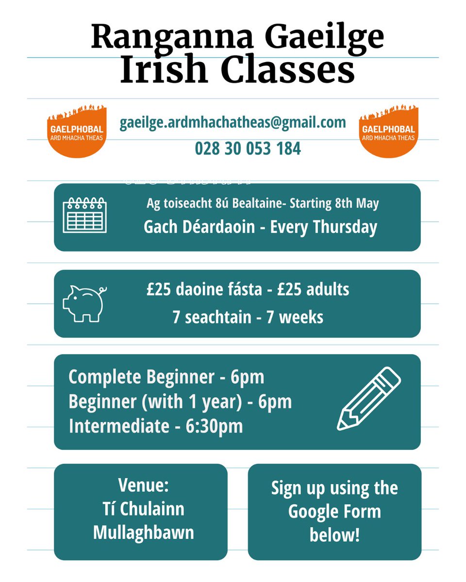 An bhfuil suim agat an Ghaeilge a fhoghlaim nó í a fheabhsú? 🫵
Ever fancied learning Irish or brushing up on it? 🫵

Tapaigh an deis agus cláraigh thíos!!⬇️
Here's your chance- register below!!⬇️
forms.gle/aQxutJWkC6txPY…