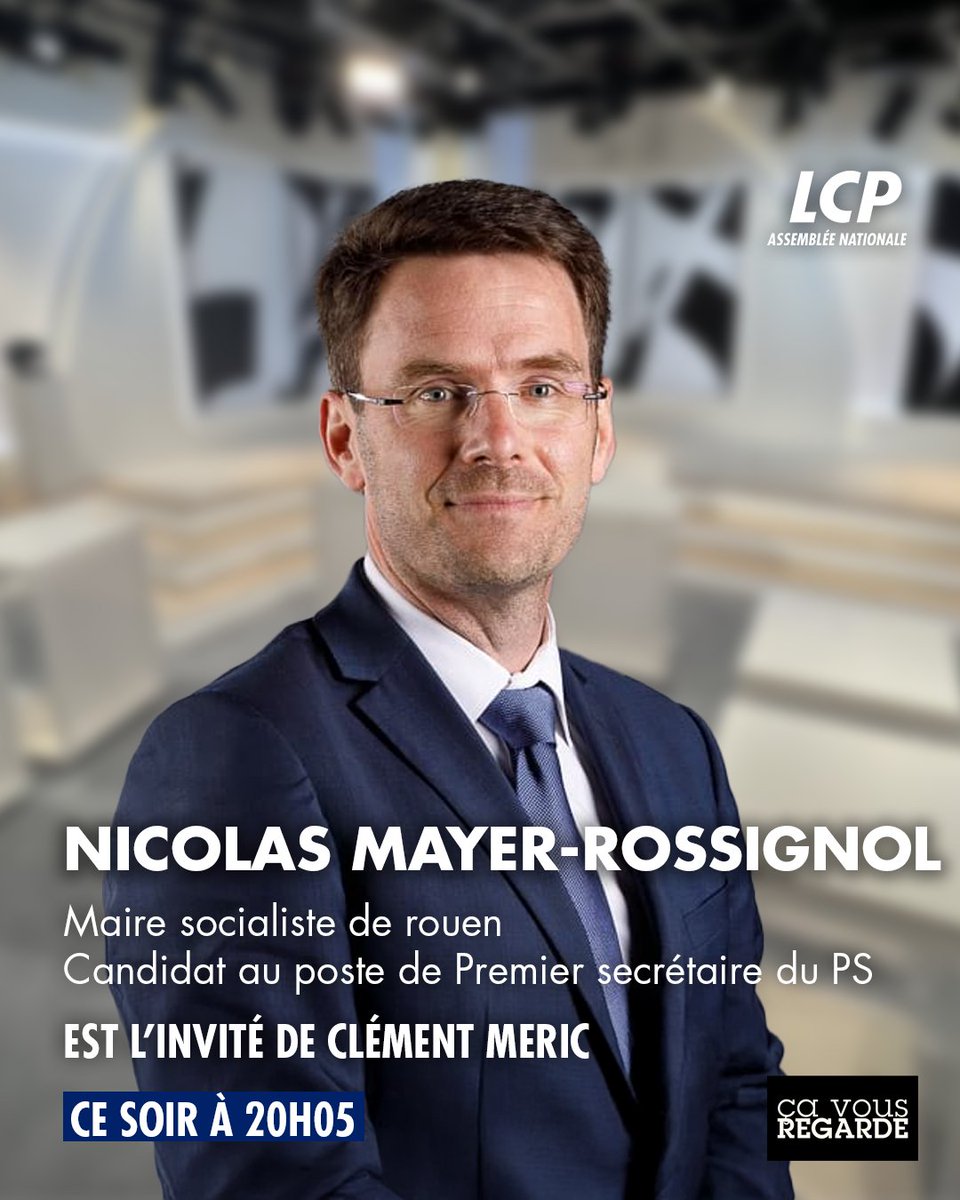 A 20h05, <a href="/NicolasMayerNMR/">Nicolas Mayer-Rossignol</a>, maire de Rouen, candidat au poste de Premier secrétaire du PS, est l'invité de <a href="/clementmeric/">Clement Meric</a> dans #CVR