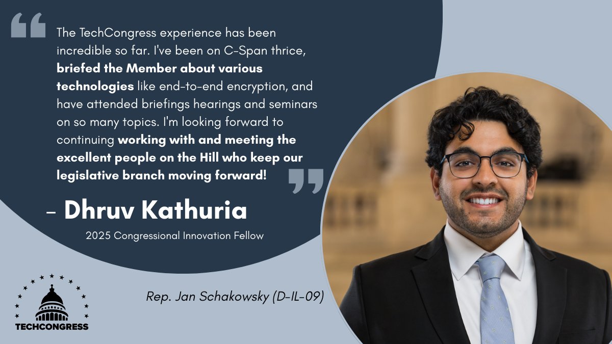 TechCongress (@congressfellows) on Twitter photo đź’ˇ Dhruv believes in ethical #technology that promotes data #privacy & efficiency. He works in the Office of Rep. <a href="/janschakowsky/">Jan Schakowsky</a> to advise on consumer #privacy, #data security, autonomous vehicles, digital trade, and #AI in healthcare.
Read more: techcongress.io/blog/2025-plac… 💡 Dhruv believes in ethical #technology that promotes data #privacy & efficiency. He works in the Office of Rep. <a href="/janschakowsky/">Jan Schakowsky</a> to advise on consumer #privacy, #data security, autonomous vehicles, digital trade, and #AI in healthcare.
Read more: techcongress.io/blog/2025-plac…