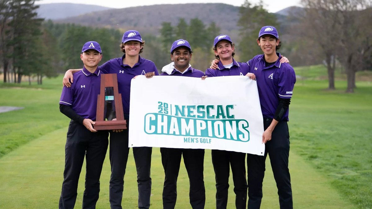 2025 NESCAC Champions! 🦣

Congratulations to the Amherst men's golf team on their ninth NESCAC Championship title. The Mammoths finished the weekend with an 896 (+44) score and junior Paari Kaviyarasu finished holding the first-place title. #AmherstProud bit.ly/3SdzZxH