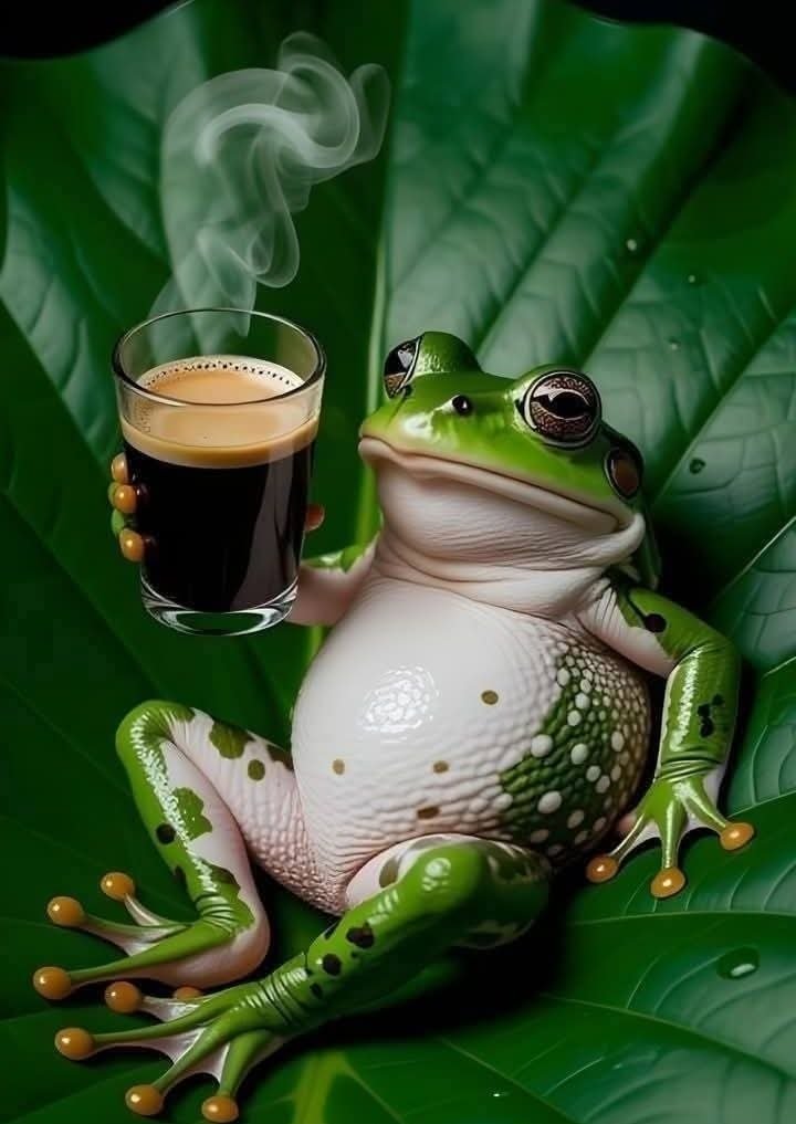 Hasta la reinita toma cafecito ..☕🐸☕