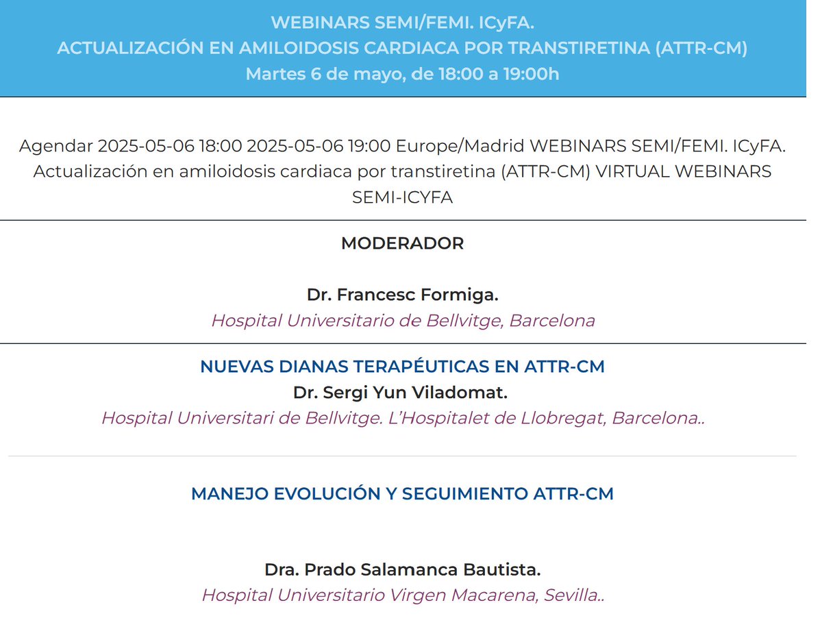 Francesc Formiga🐜 (@formigafrancesc) on Twitter photo EXPECTACULAR webinar con 2 expert@s en amiloidosis; no puedes perdertelo <a href="/IcyfaSemi/">@ICyFA-SEMI</a> <a href="/chemachir/">Chema Fernandez</a> <a href="/Sociedad_SEMI/">Sociedad Española de Medicina Interna (SEMI)</a> <a href="/ResidentesSEMI/">Residentes y Jóvenes Internistas de la SEMI</a> <a href="/QuirosLopezRaul/">Raul Quiros Lopez</a> <a href="/SECgeriatrica/">Sección Cardiología Geriátrica</a> <a href="/jtorresmacho/">Juan Torres Macho</a> <a href="/markinho_gc/">Marcos Gamboa</a> <a href="/PabloPerezMar16/">Pablo Perez Martinez</a> <a href="/iria_ro/">Iria_RO</a> <a href="/mendez_bailon/">Manuel Méndez</a> <a href="/esthermonteroh/">esther montero</a> <a href="/jrubiogra/">Jorge Rubio Gracia</a> <a href="/msanchezmar/">Marta Sánchez</a> <a href="/joscarlor2/">Jose Carlos Arevalo</a> EXPECTACULAR webinar con 2 expert@s en amiloidosis; no puedes perdertelo <a href="/IcyfaSemi/">@ICyFA-SEMI</a> <a href="/chemachir/">Chema Fernandez</a> <a href="/Sociedad_SEMI/">Sociedad Española de Medicina Interna (SEMI)</a> <a href="/ResidentesSEMI/">Residentes y Jóvenes Internistas de la SEMI</a> <a href="/QuirosLopezRaul/">Raul Quiros Lopez</a> <a href="/SECgeriatrica/">Sección Cardiología Geriátrica</a> <a href="/jtorresmacho/">Juan Torres Macho</a> <a href="/markinho_gc/">Marcos Gamboa</a> <a href="/PabloPerezMar16/">Pablo Perez Martinez</a> <a href="/iria_ro/">Iria_RO</a> <a href="/mendez_bailon/">Manuel Méndez</a> <a href="/esthermonteroh/">esther montero</a> <a href="/jrubiogra/">Jorge Rubio Gracia</a> <a href="/msanchezmar/">Marta Sánchez</a> <a href="/joscarlor2/">Jose Carlos Arevalo</a>
