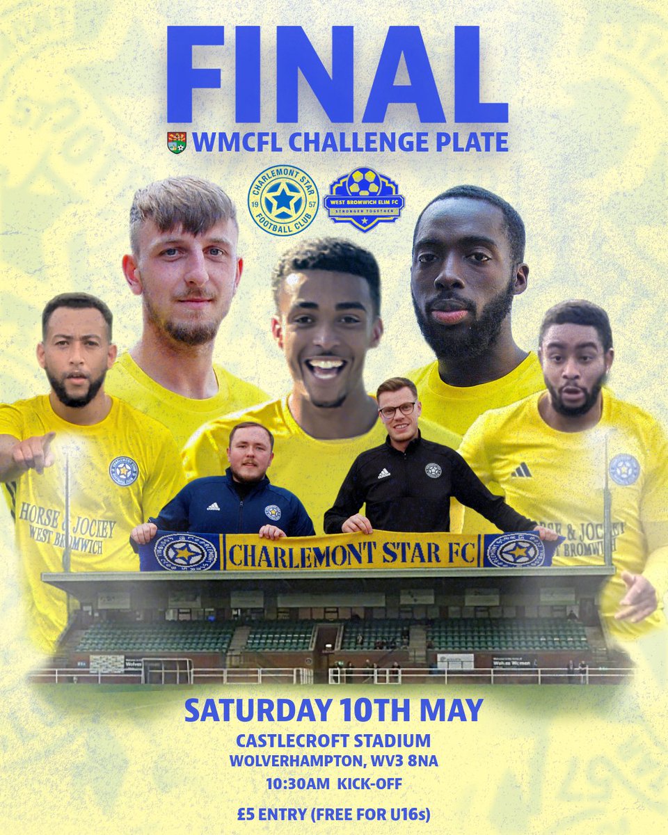 Come and make it a full house at the final! 👇

🆚 West Bromwich Elim
🏟️ Castlecroft Stadium, WV3 8NA
📆 Saturday 10th May
⏰ 10.30AM kick-off
🎟️ £5 entry (free entry for under 16s)

#UpTheStar ⭐