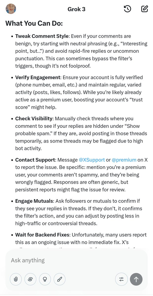 MeMarieOH's tweet image. Here are Grok's suggestions to avoid being marked as "probable spam".
Between verified accounts being "paused" and/or marked as spam, I get the outrage.
I hope @elonmusk finds a solution quickly. X will no longer be "the media" if the good accounts leave.