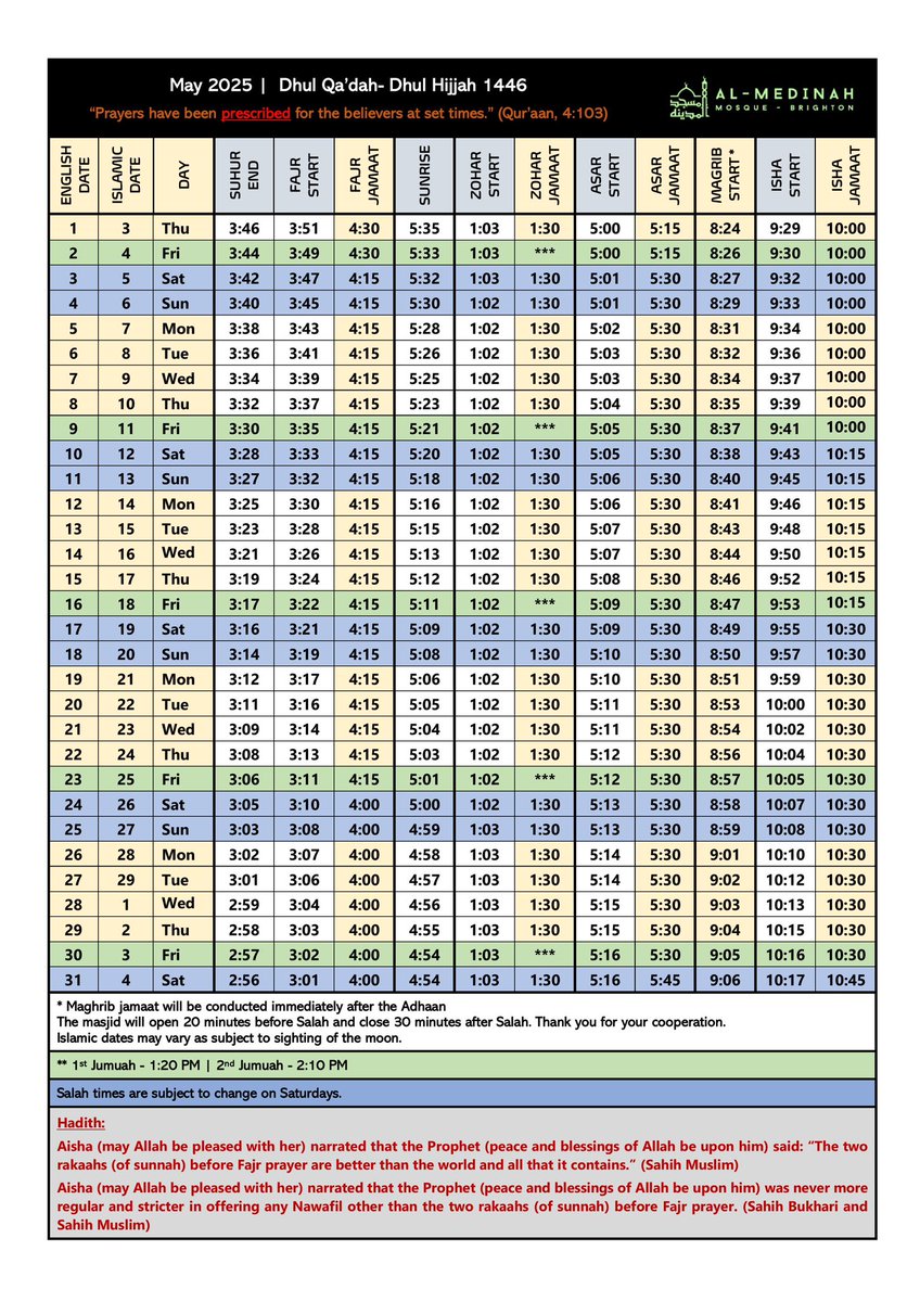 May 2025 prayer timetable