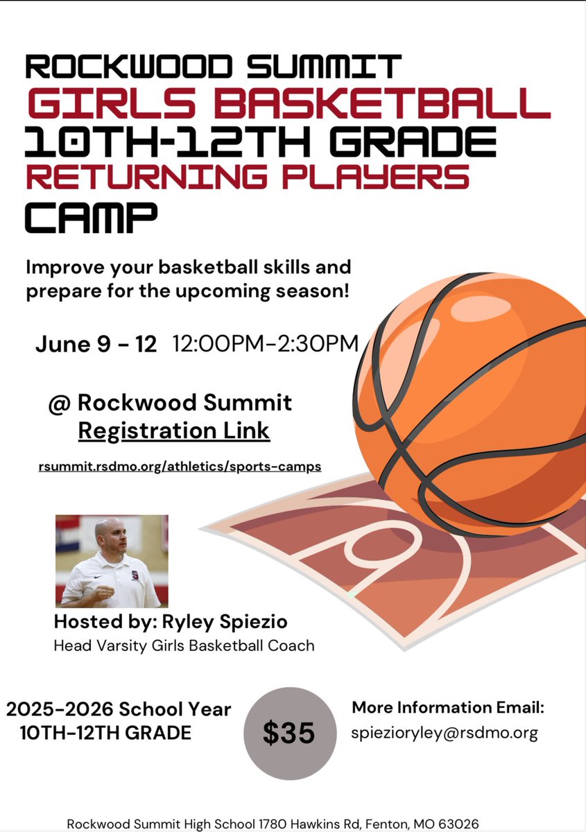 🏀10-12th Grade Returning Players Camp! 
🗑️June 9-12, 2025
🏀12-2:30 PM
🗑️FREE lunch before camp if you come at 9:30 AM and help with the youth camp! 

🔗 docs.google.com/forms/d/e/1FAI…