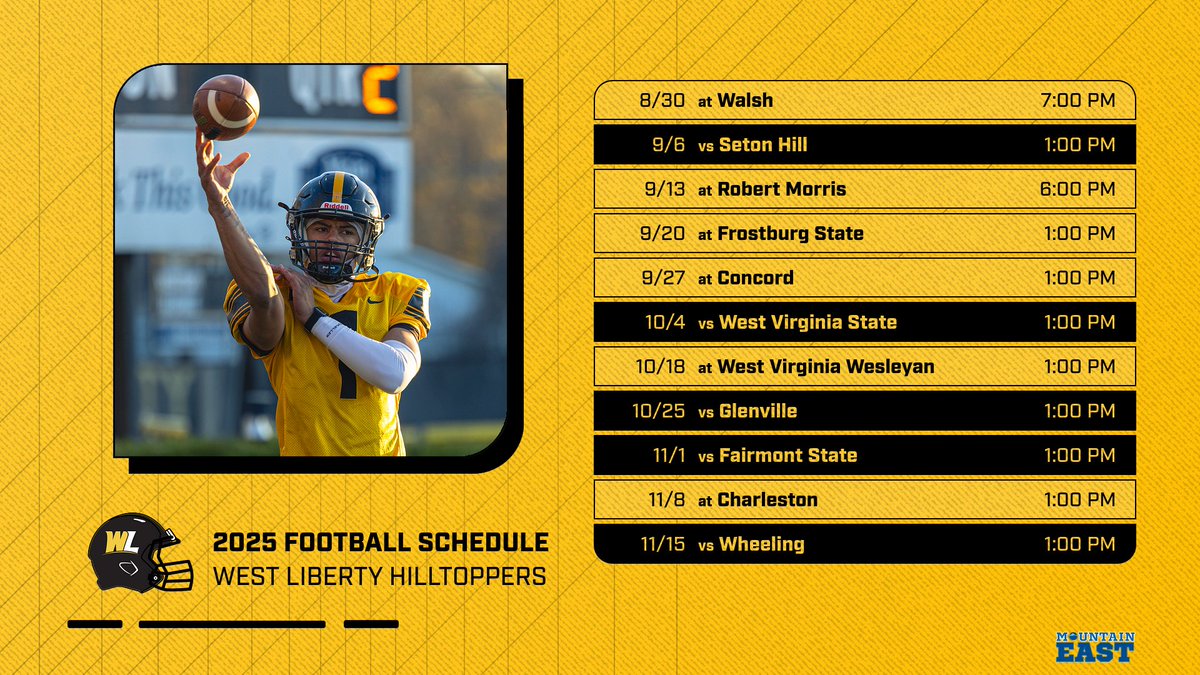 West Liberty 2025 Football Schedule !!! The Toppers will play four of their first five on the road. The Home Opener is Sept. 6 vs Seton Hill. Homecoming is Oct. 25 vs Glenville State !!!
#GoWLU | #TopperNation