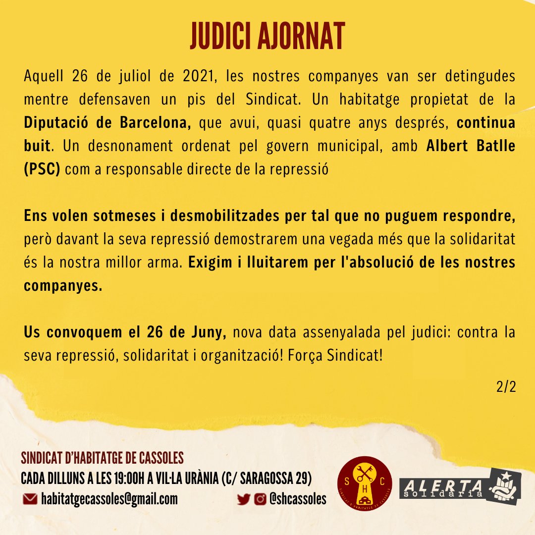 🔴 COMUNICAT 

Ahir ajornaven el judici al 26 de juny per incompetència judicial.

Ens demanen 4.000 € de multa i 8 anys de presó.

Prou muntatges policials. Aconseguirem l'absolució.