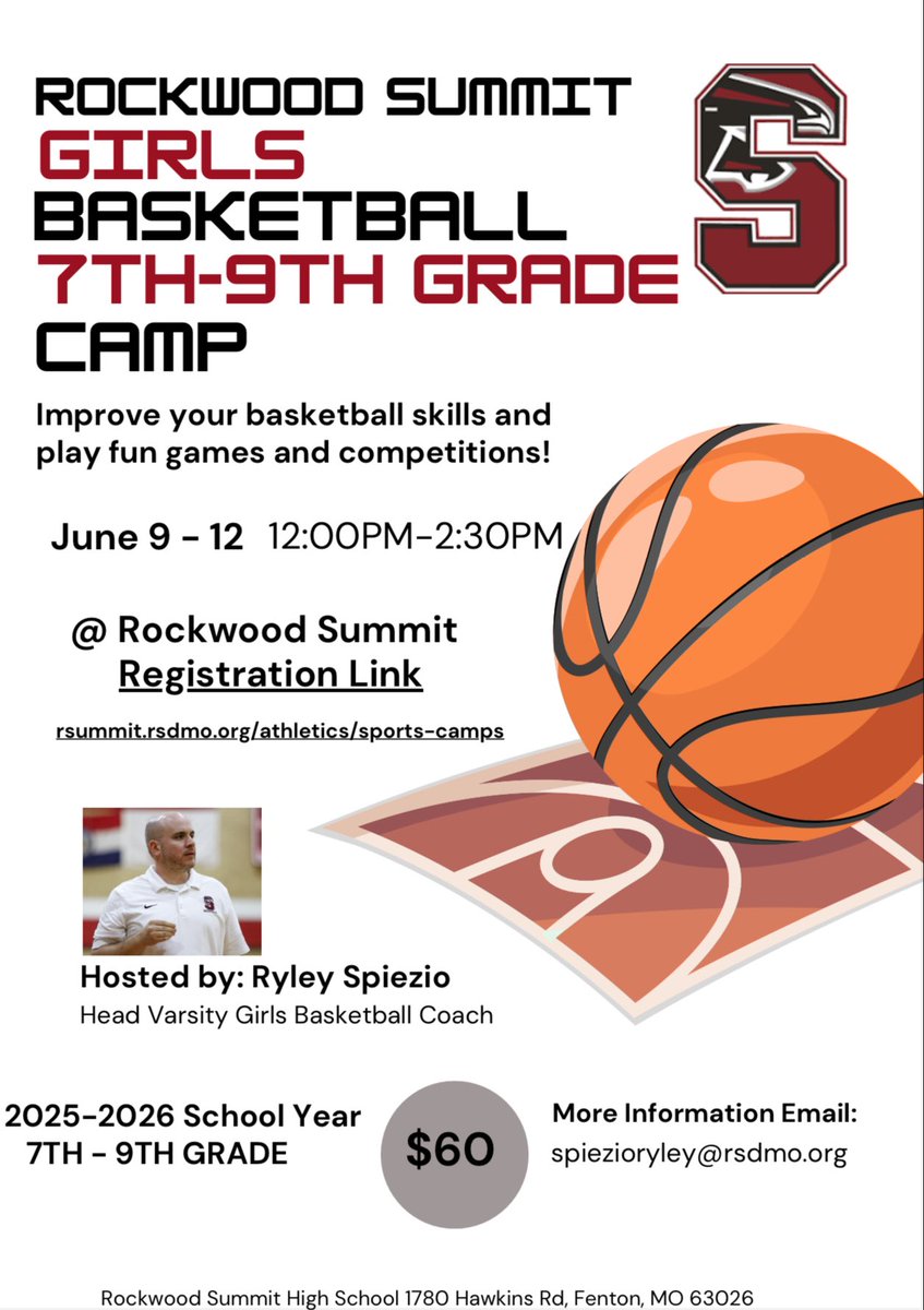 🏀7th-9th Grade Camp!
🗑️June 9-12th, 2025
🏀12-2:30 PM
🗑️Come have some fun while improving your basketball skills! 

🔗 docs.google.com/forms/d/e/1FAI…
