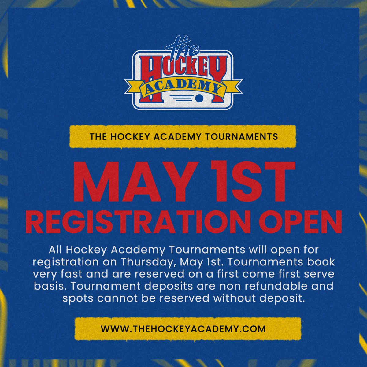 TOMORROW: All 2025/26 Registrations open for Hockey Academy Tournaments. Some Tournaments fill FAST! Register your team early to secure your spot. thehockeyacademy.com