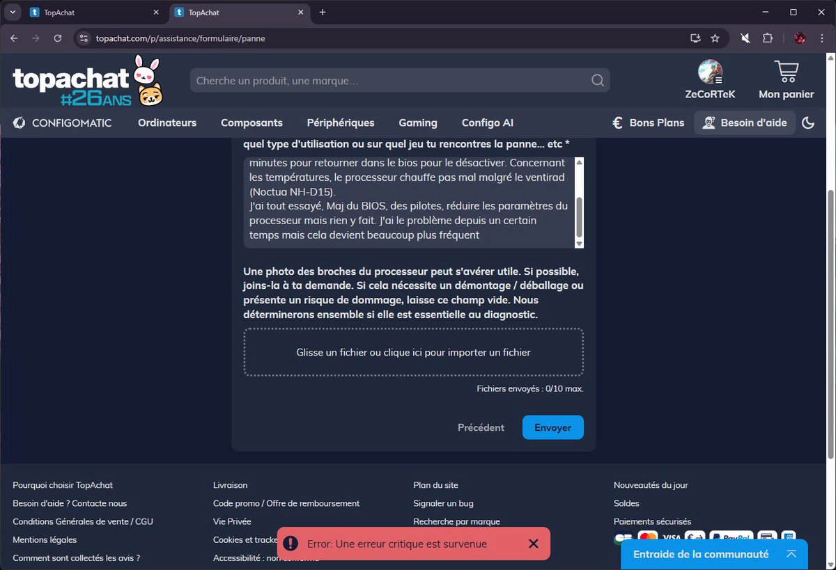 MathiasXoXo's tweet photo. Bonsoir, @TopAchat j’ai voulu prendre contact avec le SAV via le site mais ça m’a été impossible, idem pour signaler un bug. 
Auriez-vous une solution ? https://t.co/68XrV89gRC