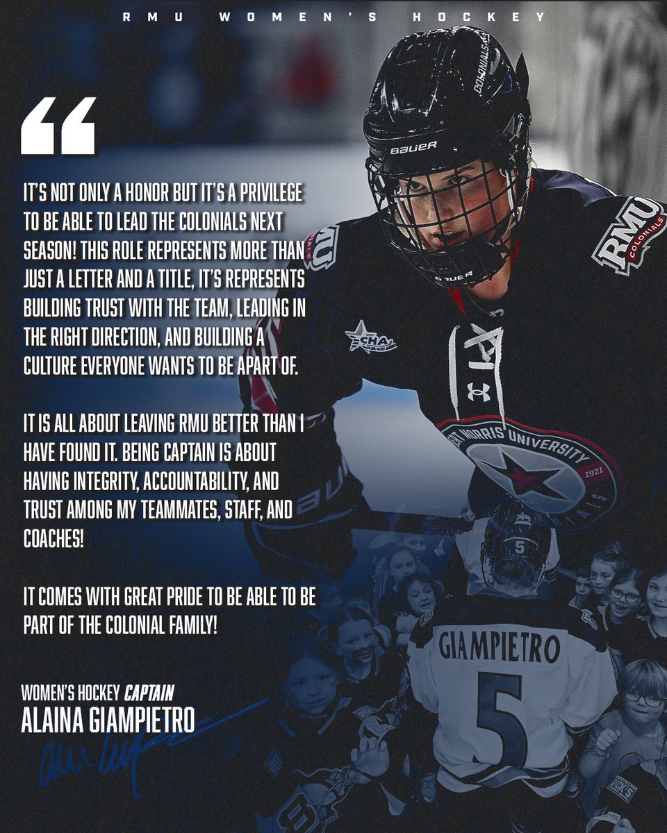 Announcing our Captain for the 2025-26 season: ALAINA GIAMPIETRO! 

Alaina embodies resilience, work ethic, and leadership. She’s a true Captain in every sense, and we can’t wait to see her lead the Colonials next season! 💪🫡