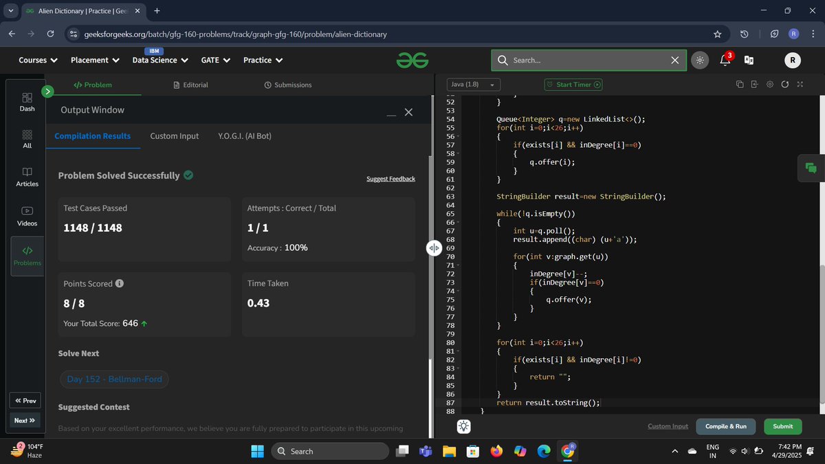 Rameshwari (@datacode2025) on Twitter photo Day 152✅Of 160gfg Challenge
Problem-Bellman-Ford
Approach-Relax edges V times, updating shortest paths. Detect negative cycles in the last iteration. Ideal for graphs with negative weights!
#160gfgchallenge <a href="/geeksforgeeks/">GeeksforGeeks</a> #womenintech Day 152✅Of 160gfg Challenge
Problem-Bellman-Ford
Approach-Relax edges V times, updating shortest paths. Detect negative cycles in the last iteration. Ideal for graphs with negative weights!
#160gfgchallenge <a href="/geeksforgeeks/">GeeksforGeeks</a> #womenintech