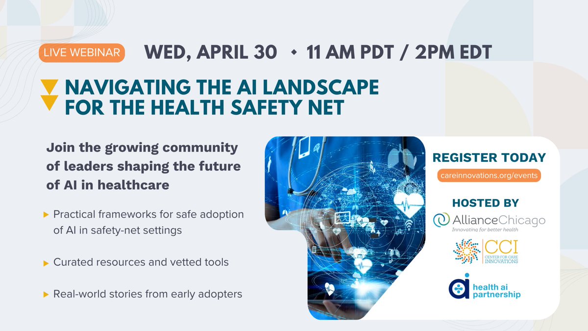 TODAY @ 11am PT / 2pm ET! 
REGISTER: careinnovations.org/events/navigat…
✔️ Practical frameworks for safe adoption of AI in safety net settings 
✔️ Landscape overview of key players, resources, and vetted tools 
✔️ Panel discussion featuring real-world stories from early adopters