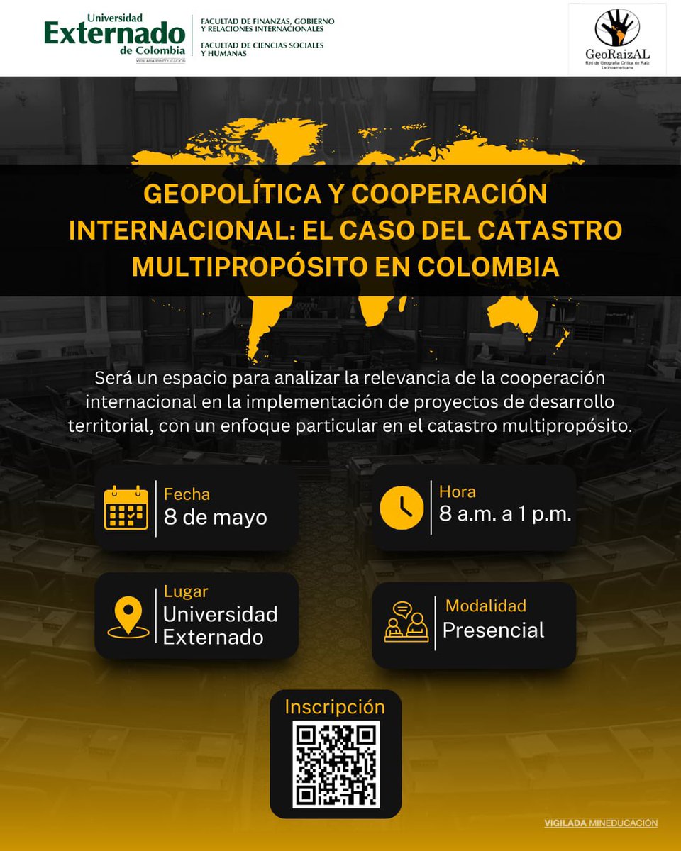 Figriexternado (@figriexternado) on Twitter photo Los(as) esperamos en el foro: Geopolítica y Cooperación Intl: El caso del catástro multipropósito.
.
🗓️8 de mayo
⏰8:00 a.m.
📍<a href="/UExternado/">U.Externado</a>
.
✍🏻Previa inscripción 👇🏻
🔗forms.office.com/r/eTqsv9Ez3h
.
📔¡Agéndate!
.
Evento organizo por <a href="/FIGRIEscuelaRI/">Escuela de Relaciones Internacionales</a> y la Facultad de Ciencias Sociales Los(as) esperamos en el foro: Geopolítica y Cooperación Intl: El caso del catástro multipropósito.
.
🗓️8 de mayo
⏰8:00 a.m.
📍<a href="/UExternado/">U.Externado</a>
.
✍🏻Previa inscripción 👇🏻
🔗forms.office.com/r/eTqsv9Ez3h
.
📔¡Agéndate!
.
Evento organizo por <a href="/FIGRIEscuelaRI/">Escuela de Relaciones Internacionales</a> y la Facultad de Ciencias Sociales