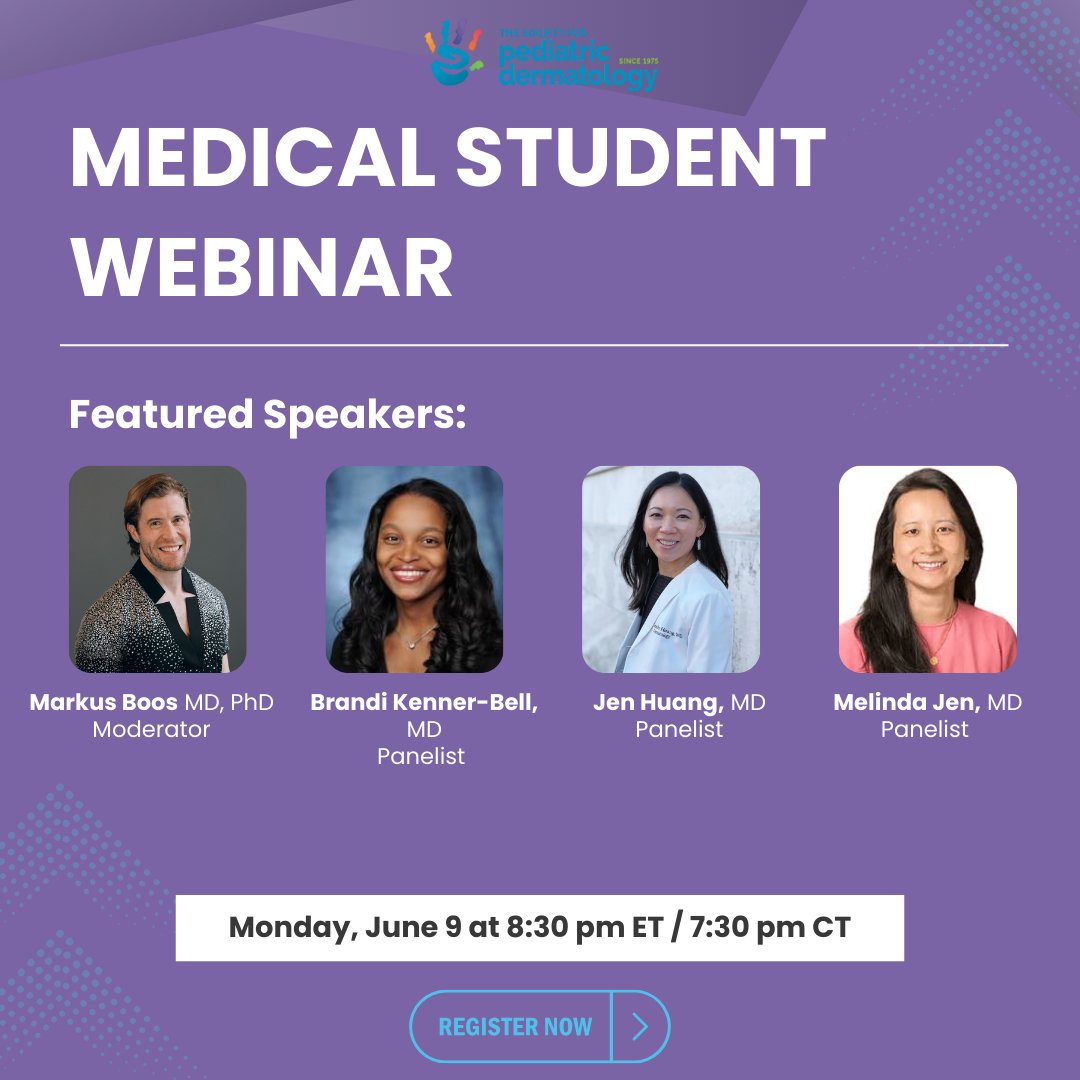 Med students—curious about pediatric dermatology? Join SPD’s free webinar on June 9 at 8:30 PM ET for a behind-the-scenes look at this impactful specialty, led by top pediatric dermatologists. tinyurl.com/m7pmz4m3