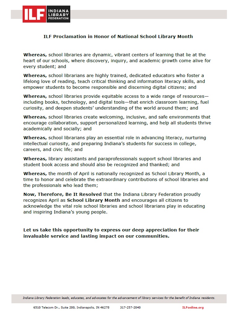 As National Library Month comes to a close, ILF celebrates the school librarians, library assistants, and paraprofessionals that make a difference in students' lives each day at schools throughout the state. 

Read the official ILF Proclamation: bit.ly/ILFProclamatio…