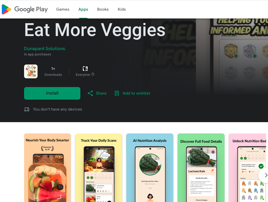 dunapanta's tweet image. Submitted Eat More Veggies on the last day of the hackathon 😅
Google Play approved it in just one day — now it’s live and ready to download! 📲💚
#buildinpublic #notJustHack #vibecoding