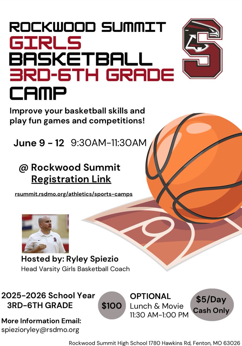 🏀3rd-6th Grade Camp!
🗑️June 9-12th, 2025
🏀9:30-11:30 AM 
🗑️Optional lunch &amp; movie 11:30AM-1PM for $5 per day (💵 CASH ONLY DAY OF) 
🏀Come have some fun while improving your basketball skills!
🗑️High School Girls will be there to help out with the youth camp, lunch &amp; movie 🎥