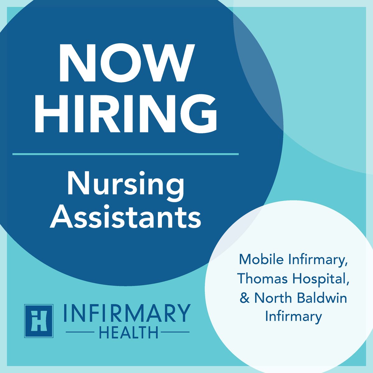 Infirmary Health is now hiring Nursing Assistants for numerous locations. Apply today and see why we're the FIRST CHOICE for healthcare in the region! To see a complete list of available positions, visit infirmaryhealth.org/careers/
#InfirmaryHealth