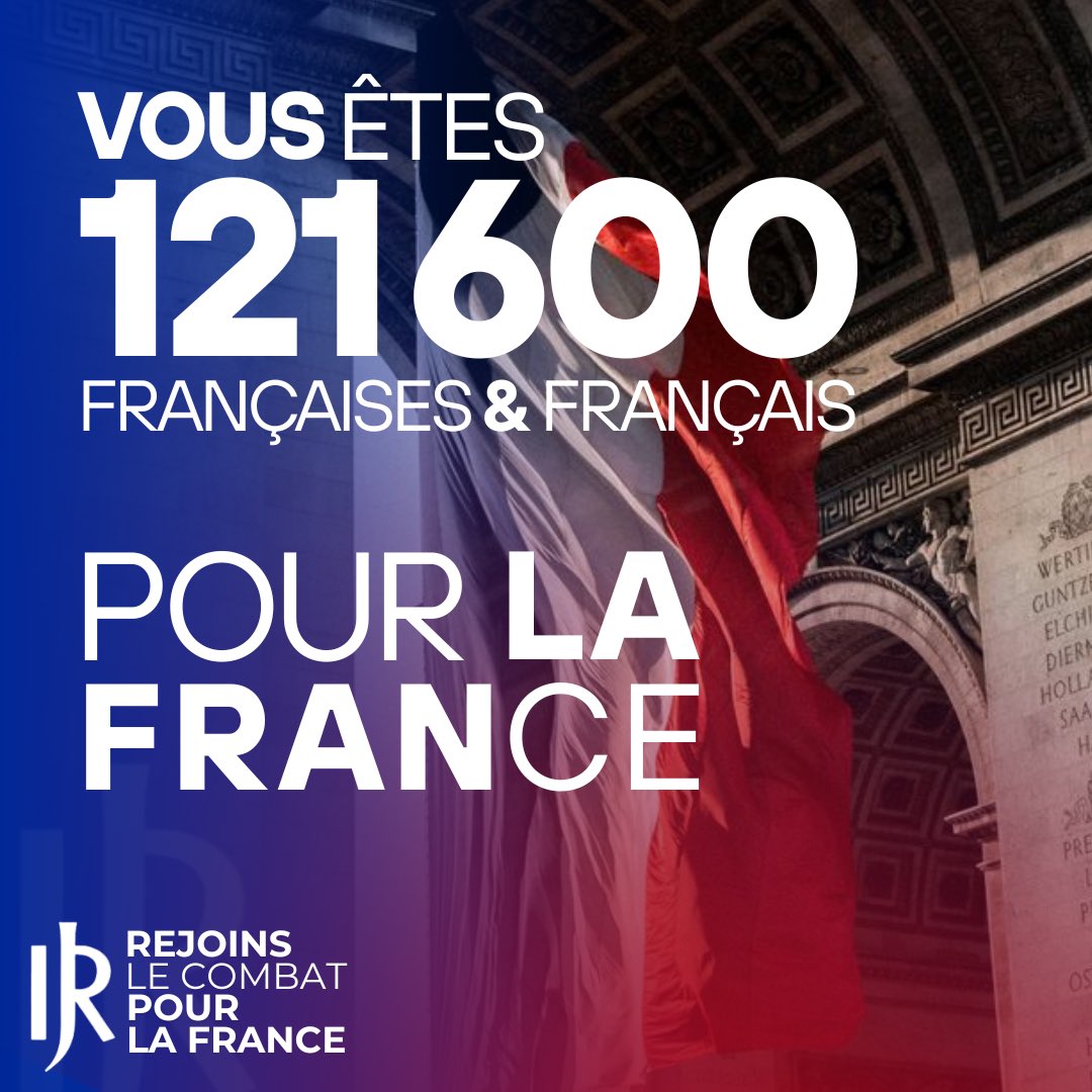 Vous êtes déjà 121 600. 🔵
121 600 françaises et français à nos côtés. 🙌🏻

Toi aussi, prends part au combat pour la France. 🇫🇷 
Rejoins-nous !