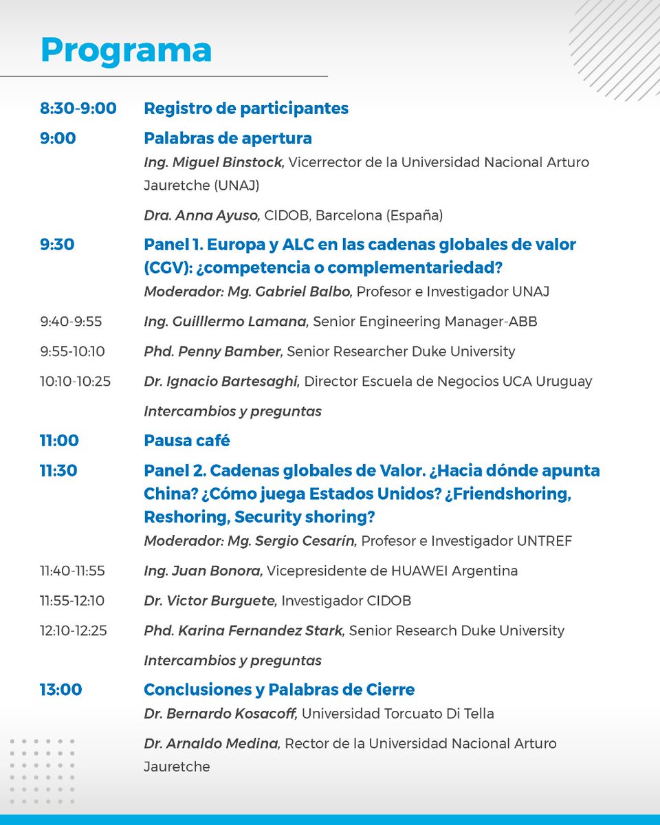 UNAJ_oficial's tweet image. 🌐Conferencia internacional: Geopolítica de las Cadenas Globales de Valor: Alineamientos, autonomías y cooperación Europa-América Latina frente a la rivalidad entre China y Estados Unidos 

15/05, 9 a 13:30 hs 
Auditorio del Edificio Vidriado, 1er piso  
unaj.edu.ar/conferencia-ge…