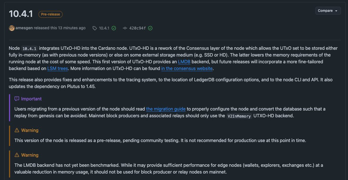 UTxO-HD IS COMING 🥳

The Haskell Node version 10.4.1 was just released for community testing, which brings UTxO-HD to Cardano 💪

UTxO-HD provides the opportunity to store ledger state on disk instead of in memory, which will greatly reduce memory requirements for the node.

Get
