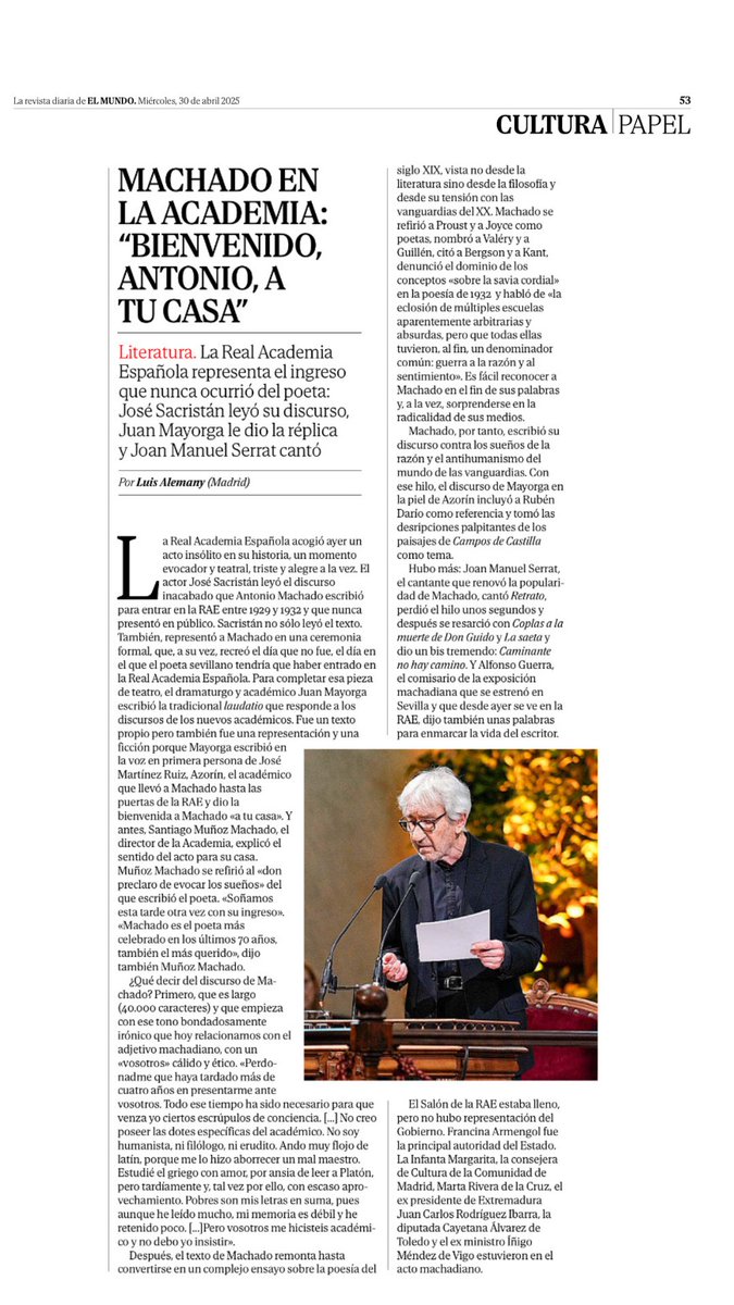 Antonio Machado, con la palabra de José Sacristán, lee su discurso de ingreso en la Real Academia Española.
El discurso que Machado no pudo leer. #Mxns 
<a href="/elpais_espana/">EL PAÍS España</a> <a href="/elmundoes/">EL MUNDO</a>