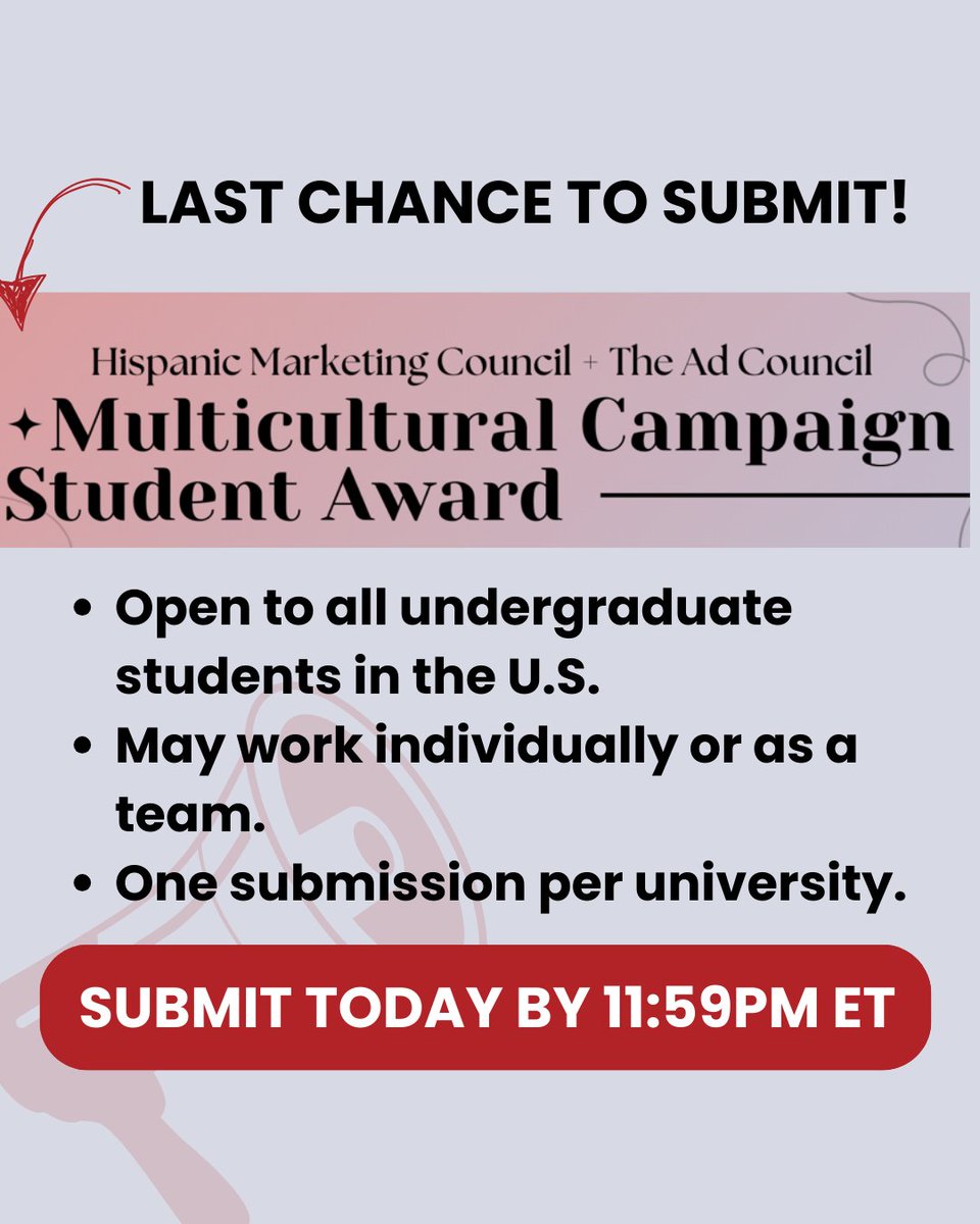 Today’s the LAST DAY! ⏳Time is running out to enter our first-ever Student Award honoring excellence in multicultural marketing and advertising.

This is your shot—don’t miss it. Submit your campaign by 11:59 PM ET!👉 hispanicmarketingcouncil.org/awards/student…