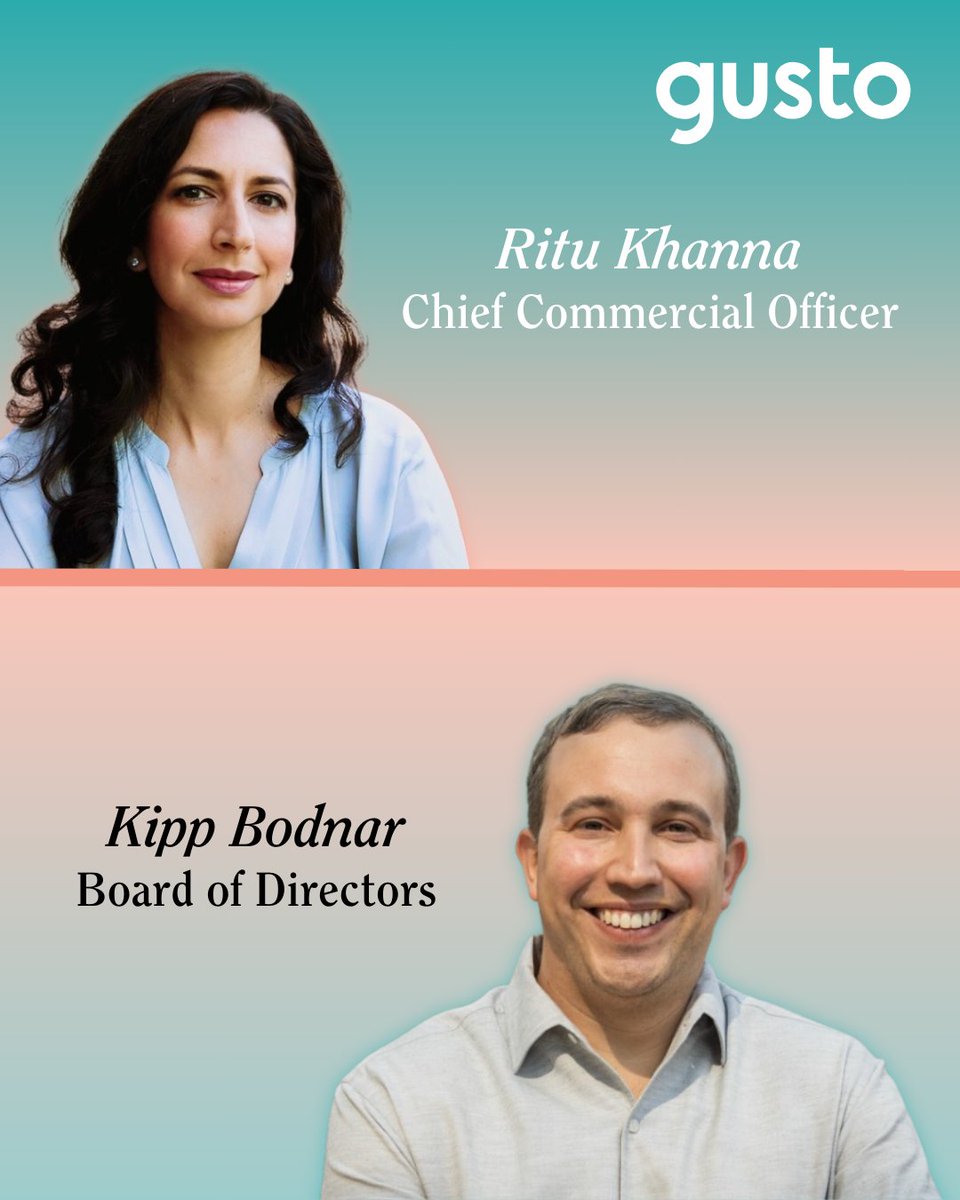 Gusto (@gustohq) on Twitter photo Big news at Gusto: We’re welcoming Ritu Khanna as our new Chief Commercial Officer and Kipp Bodnar (<a href="/HubSpot/">HubSpot</a> CMO) to our Board of Directors!  
They're joining us at an incredible moment of growth for small businesses nationwide—and we’re just getting started. Big news at Gusto: We’re welcoming Ritu Khanna as our new Chief Commercial Officer and Kipp Bodnar (<a href="/HubSpot/">HubSpot</a> CMO) to our Board of Directors!  
They're joining us at an incredible moment of growth for small businesses nationwide—and we’re just getting started.