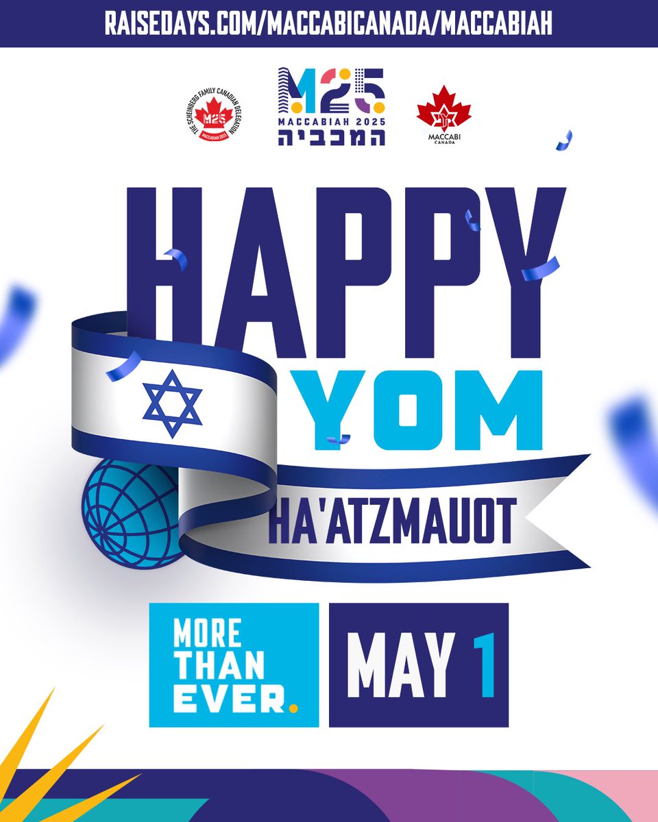 Happy Yom Ha’atzmaut! Today we celebrate 76 years of Israeli independence—a story of resilience, unity, and pride. As Maccabiah approaches, we stand together—honouring our heritage and standing with Israel.

#YomHaatzmaut #MaccabiCanada #Maccabiah #AmYisraelChai