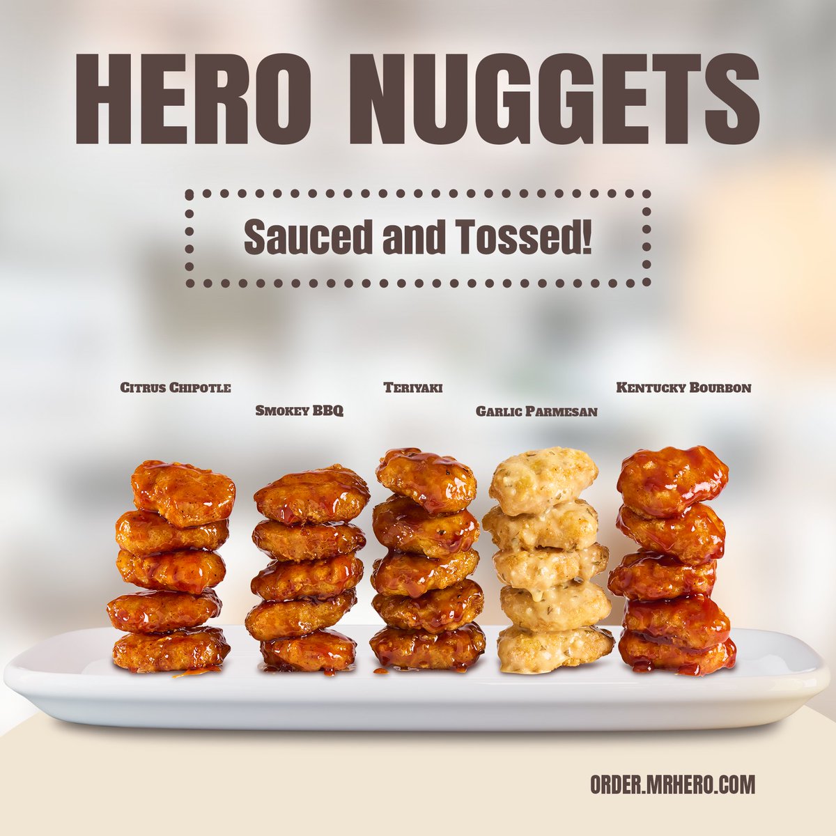 We're saucing things up with our new Hero Nuggets! ☺️
Sauced and tossed in your choice of Kentucky Bourbon, Citrus Chipotle, Garlic Parmesan, BBQ, or Teriyaki. 
Available in a 5 or 10 piece! 
➡️order online at mrhero.com 

#mrhero #thetasteyoucrave #heronuggets