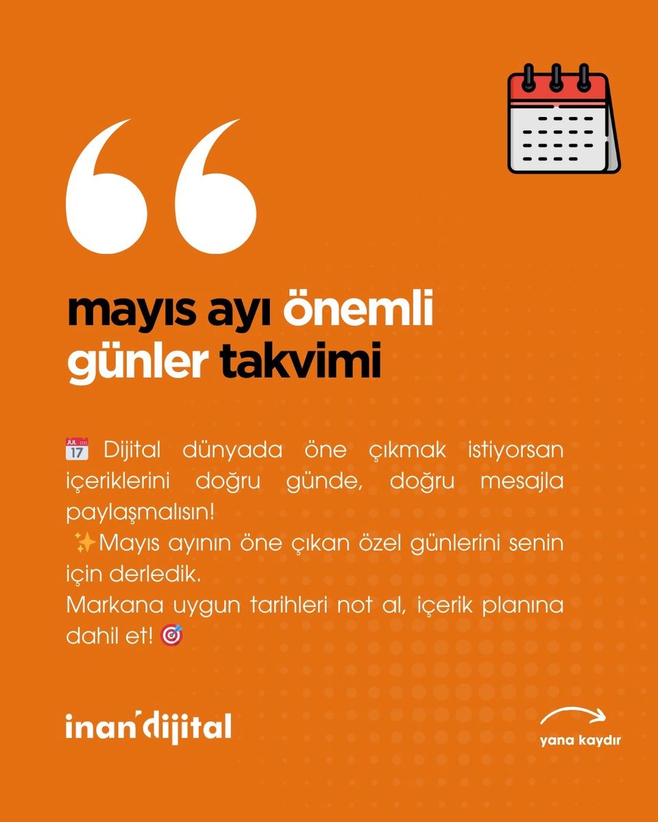 inandijitalcom's tweet image. 📆 Mayıs Ayı Önemli Günler Takvimi Yayında!

📌 Postu kaydedin ve Mayıs ayı boyunca planlamanızı yaparak fark yaratın!

Daha fazla ipucu ve strateji için bizi takip edin ve inandijital.com’u ziyaret edin! 🚀

#SosyalMedya #İçerikPlanlama #InanDijital #DijitalPazarlama
