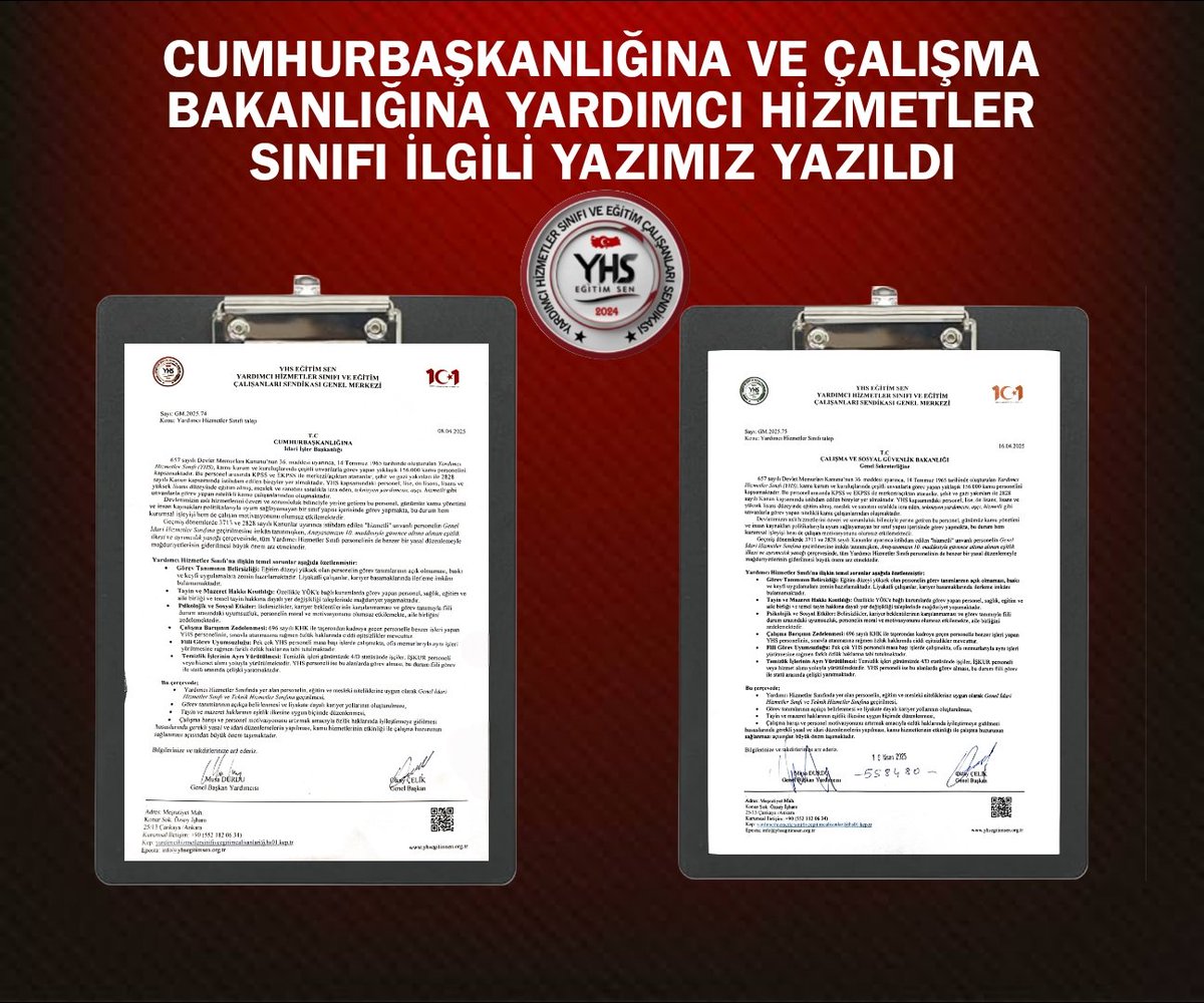 Sendikamız #YardımcıHizmetlerSınıfı ilgili yazımızı <a href="/tcbestepe/">T.C. Cumhurbaşkanlığı</a> ve <a href="/csgbakanligi/">T.C. Çalışma ve Sosyal Güvenlik Bakanlığı</a> na ilettik sorunların takipçisi olacağız
#YHSKöleDeğilMemur
#YardımcıHizmetlerSınıfı 

<a href="/RTErdogan/">Recep Tayyip Erdoğan</a> <a href="/hasandogan/">Hasan Doğan</a>
 <a href="/eczozgurozel/">Özgür Özel</a> <a href="/MDervisogluTR/">Müsavat Dervişoğlu</a> <a href="/dbdevletbahceli/">Devlet Bahçeli</a>
@ErbakanFatih 
<a href="/_cevdetyilmaz/">Cevdet Yılmaz</a> <a href="/ComezTurhan/">Turhan Çömez</a>
