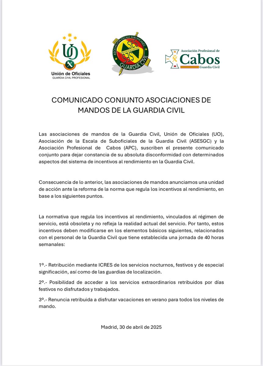 🚨🚨IMPORTANTE🚨🚨
 Comunicado conjunto de las #AsociacionProfesionales de Mandos de la <a href="/guardiacivil/">Guardia Civil</a>.
#IncentivosAlRendimiento 
<a href="/apcabos/">Asociación Profesional de Cabos G.C.</a> <a href="/ASESGC/">ASESGC Guardia Civil</a> <a href="/UnionOficiales/">Unión de Oficiales Guardia Civil</a>