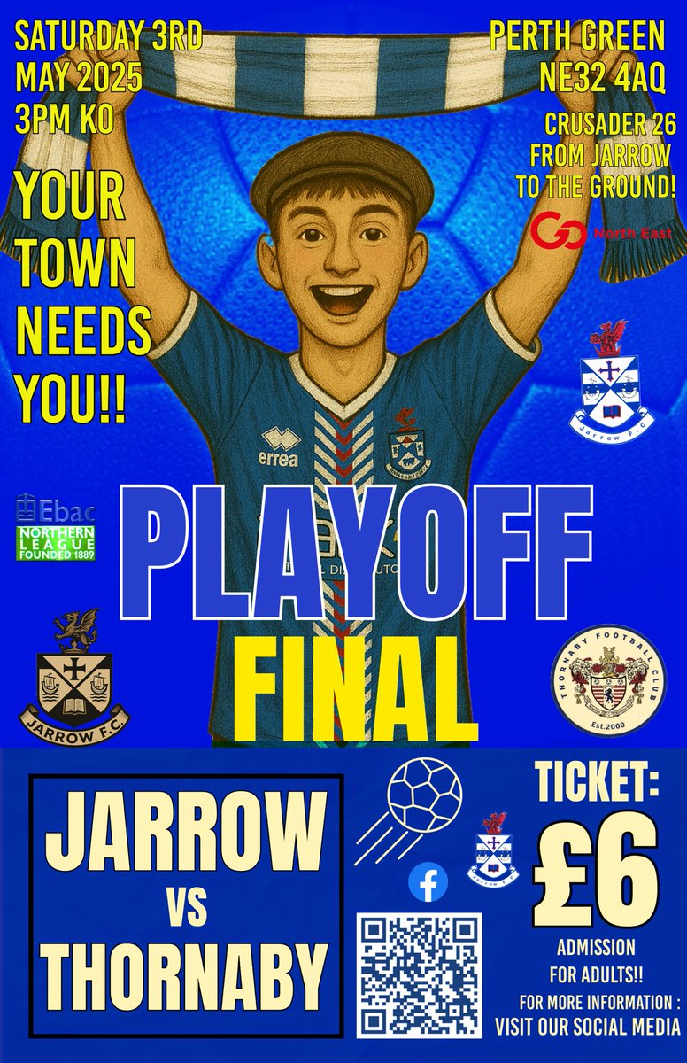Jarrow FC (@jarrow_fc) on Twitter photo FINAL CONFIRMED!! 🏟️
🗣️ “The Northern League Division Two Playoff Final has been confirmed for Saturday 3rd May at Perth Green between ourselves and <a href="/ThornabyFC_/">Thornaby FC</a>! Always a good game with these lads and hopefully a big crowd!!”
#SupportYourLocalTeam
⚽️🔵⚪️🔵⚪️⚽️ FINAL CONFIRMED!! 🏟️
🗣️ “The Northern League Division Two Playoff Final has been confirmed for Saturday 3rd May at Perth Green between ourselves and <a href="/ThornabyFC_/">Thornaby FC</a>! Always a good game with these lads and hopefully a big crowd!!”
#SupportYourLocalTeam
⚽️🔵⚪️🔵⚪️⚽️