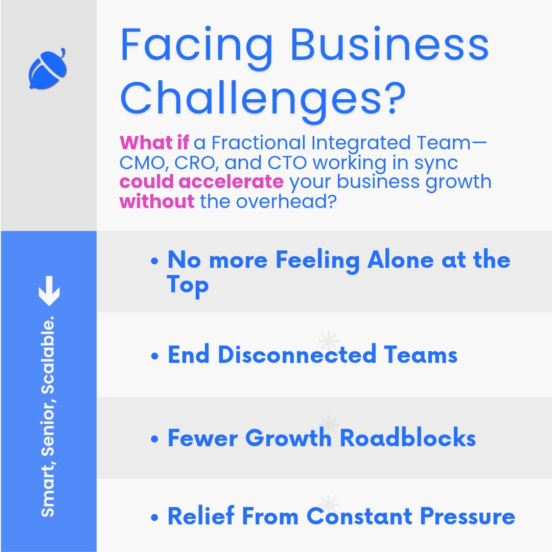 ✨ What if your dream team didn’t need to be full-time?
Meet the Fractional Integrated Team—CMO, CRO, and CTO working in sync to accelerate growth without the overhead.

Smart, senior, scalable.
Learn how it works👇
acornoak.net/fractional-int…
#FractionalExecutives #SmartGrowth