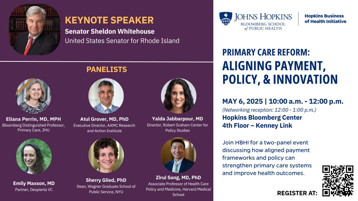 Join the Hopkins Business of Health Initiative for a two-panel event discussing how aligned payment frameworks and policy can strengthen primary care systems and improve health outcomes. Register with the QR code below.
