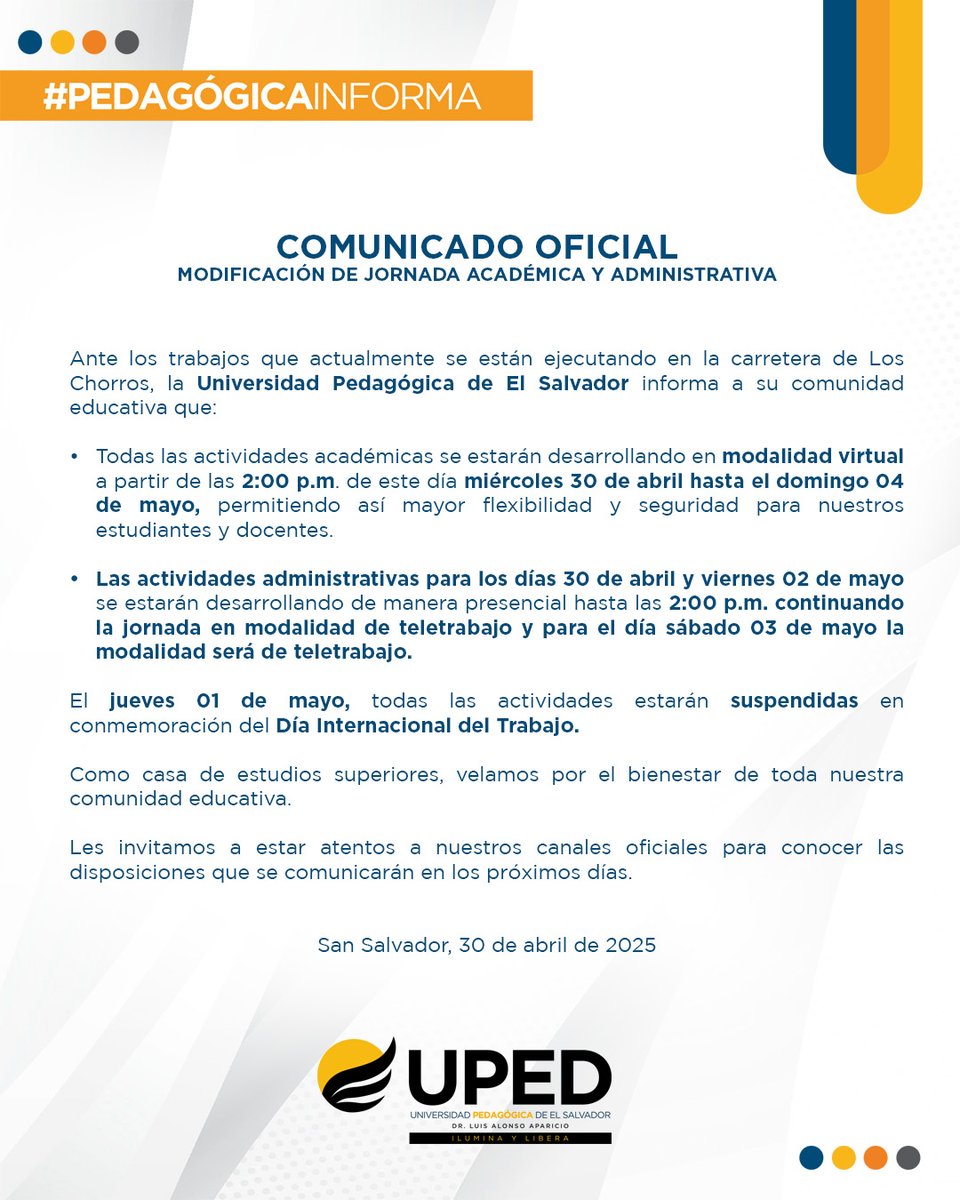Comunicado Oficial: Modificación de jornada académica y administrativa.