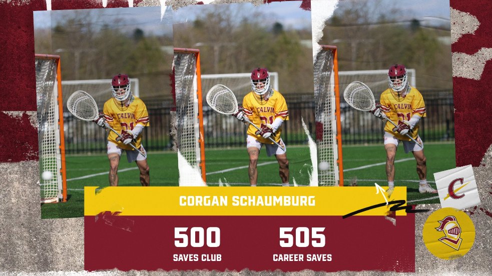 Congrats go out to <a href="/CalvinMLacrosse/">Calvin Men’s Lacrosse</a> senior Corgan Schaumburg for becoming the first goalie in program history to record 500 saves or more in a career. Congrats Corgan! #GoCalvin #ArmorUp