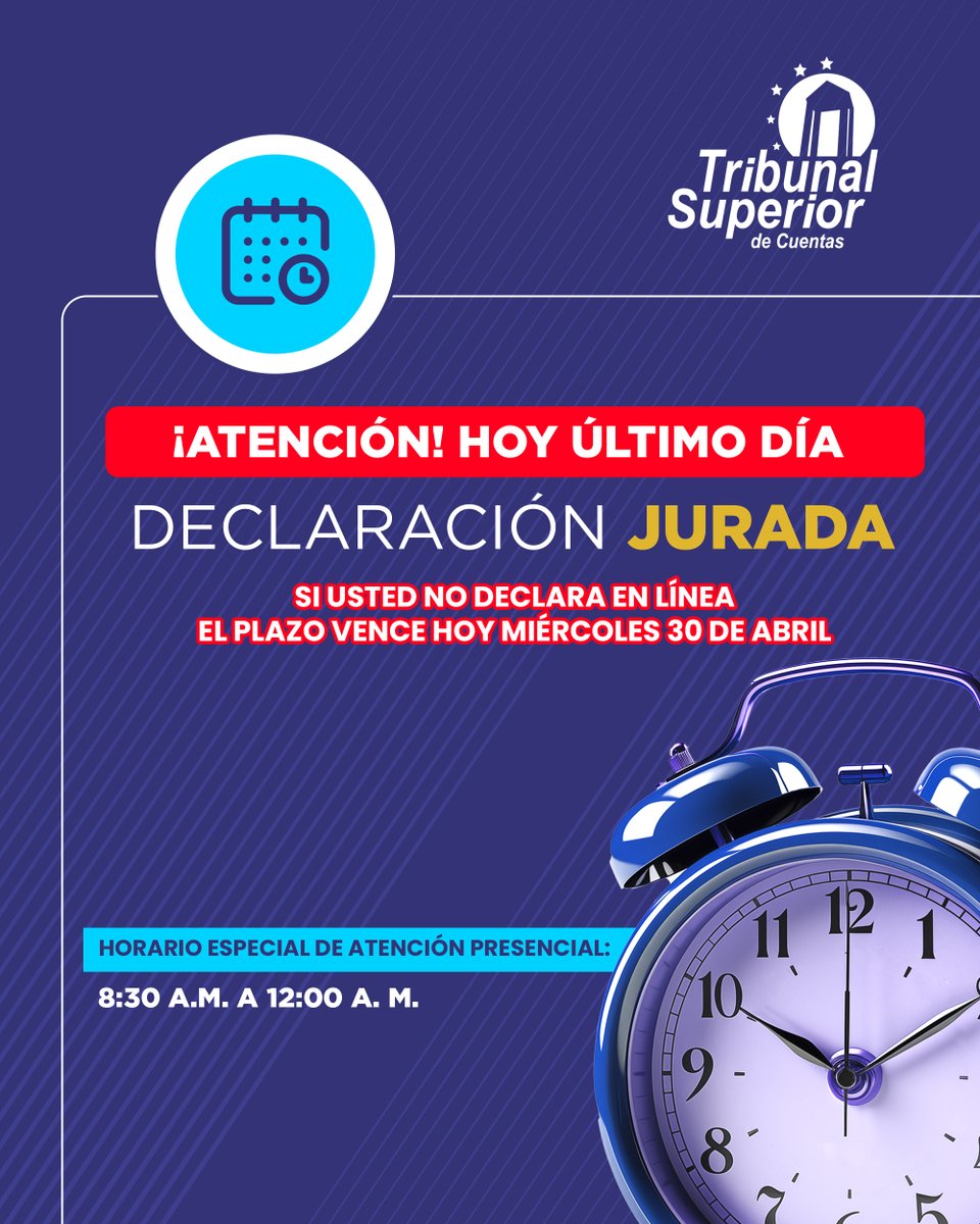 🔴¡HOY ÚLITMO DÍA! Presente la actualización de su Declaración Jurada

🔔Le recordamos que hemos habilitado un horario especial para la actualización de tu Declaración Jurada de Ingresos, Activos y Pasivos.

🗓 Fecha: miércoles 30 de abril
⏰ Horario: 8:30 am a 12:00 am