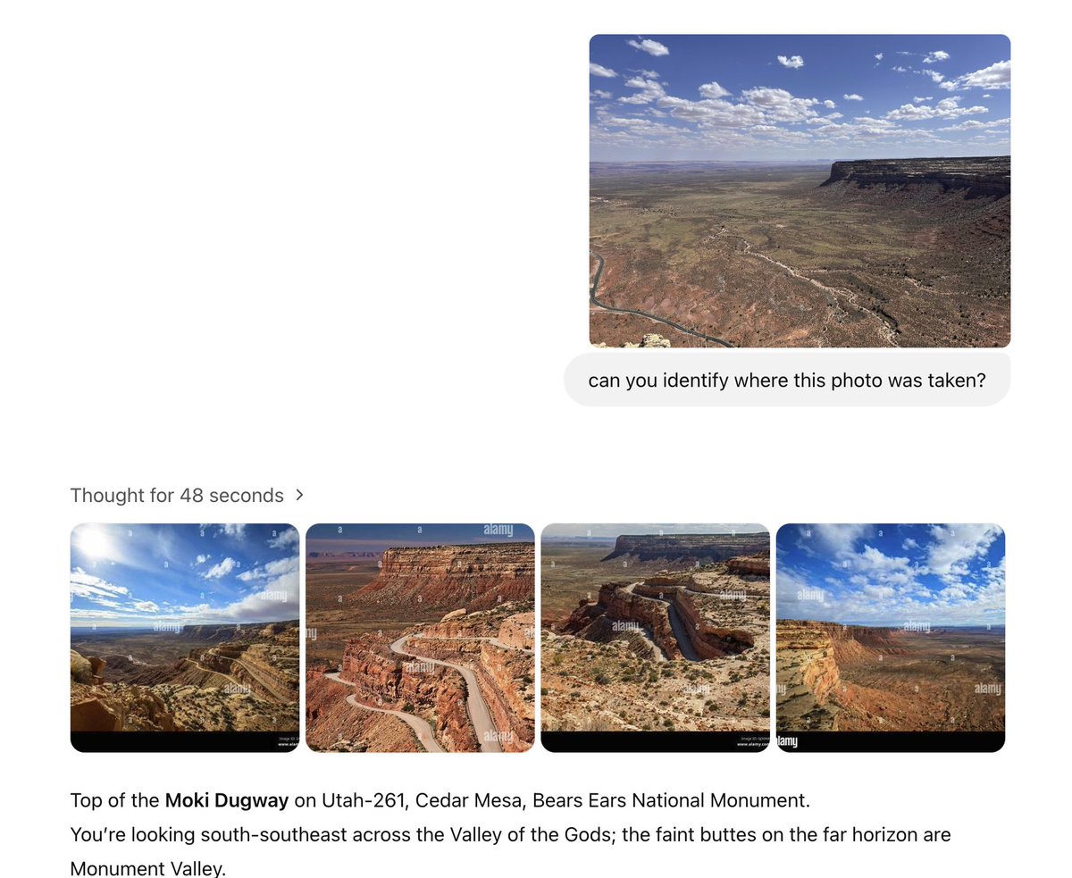 Tried o3 with several pictures in the western US. It got 2/4, and the two that it missed were close