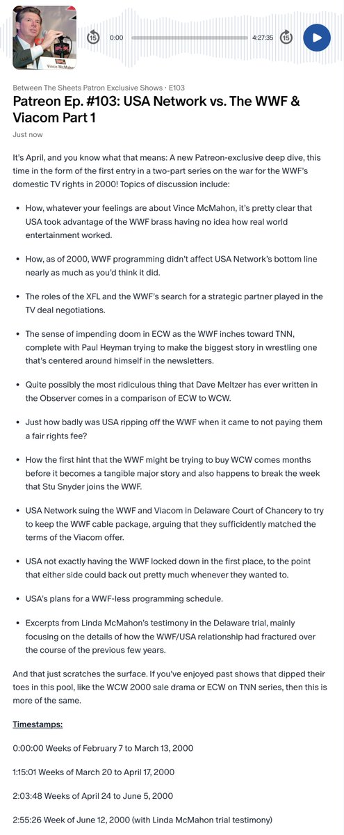 Between The Sheets (@btsheetspod) on Twitter photo New <a href="/BTSheetsPod/">Between The Sheets</a> Patreon deep dive: Part 1/2 on 2000's war for US WWF TV rights! USA Network sues the WWF & Viacom to try to retain the WWF cable package & all hell breaks loose. Plus we have Linda McMahon's testimony!
Just $5.00/month or $50.40/year at Patreon.com/BetweenTheShee…! New <a href="/BTSheetsPod/">Between The Sheets</a> Patreon deep dive: Part 1/2 on 2000's war for US WWF TV rights! USA Network sues the WWF & Viacom to try to retain the WWF cable package & all hell breaks loose. Plus we have Linda McMahon's testimony!
Just $5.00/month or $50.40/year at Patreon.com/BetweenTheShee…!