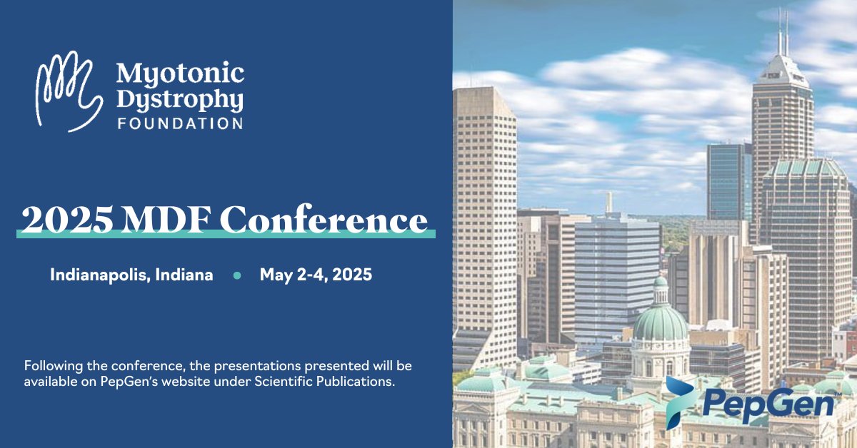 PepGen (@pepgentx) on Twitter photo This weekend, we will be attending <a href="/MyotonicStrong/">Myotonic Dystrophy Foundation</a>'s Annual Conference in Indianapolis, Indiana! We will give #DM1 program updates in two presentations. We look forward to seeing you there! This weekend, we will be attending <a href="/MyotonicStrong/">Myotonic Dystrophy Foundation</a>'s Annual Conference in Indianapolis, Indiana! We will give #DM1 program updates in two presentations. We look forward to seeing you there!