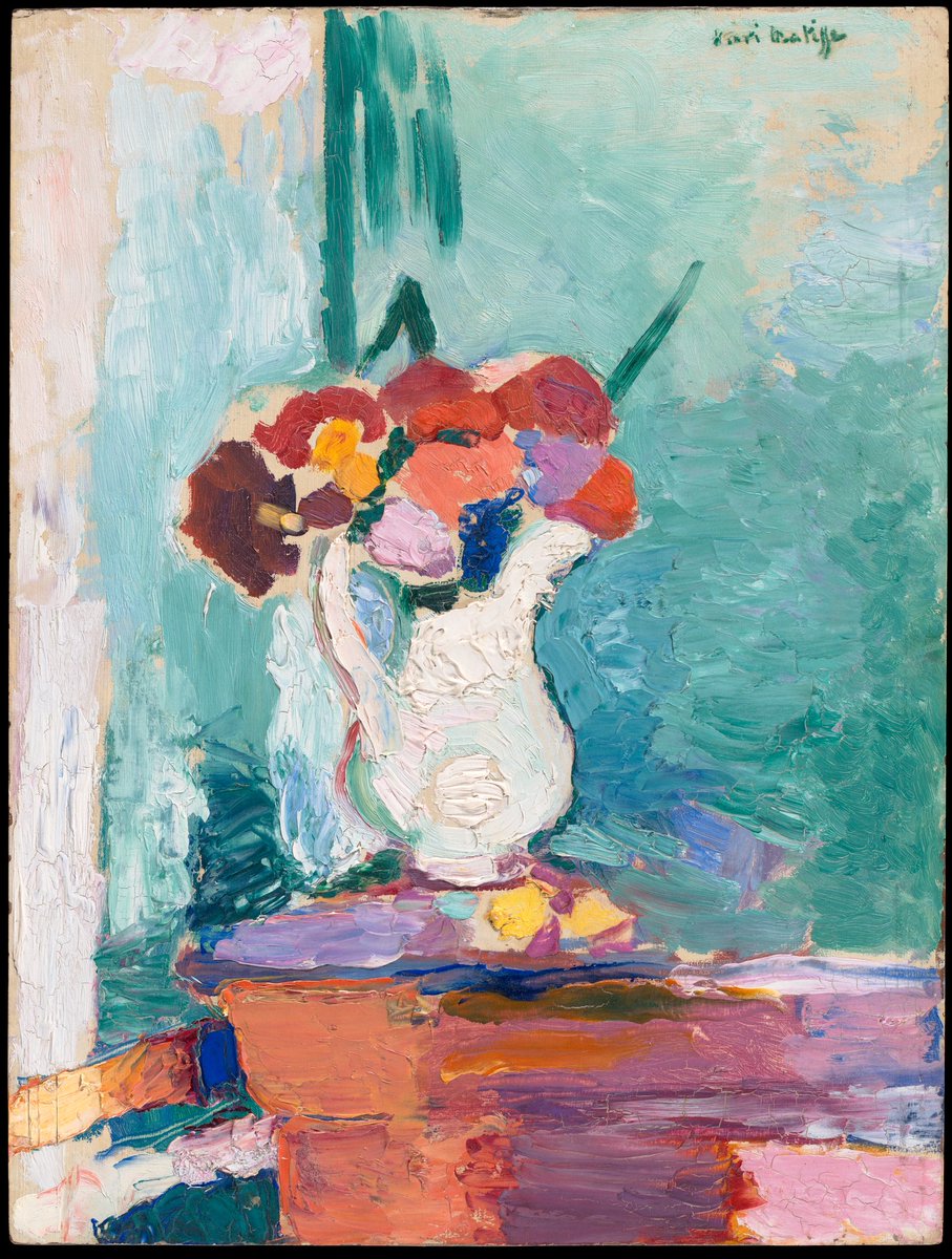 SFMOMA's tweet image. April showers bring May flowers💐  Henri Matisse's use of vibrant colors, fluid shapes, and autonomous brushstrokes have dominated much of modern art. In "Flowers," his painting innovations convey timeless joy and stillness. 🌸  #MayFlowers
