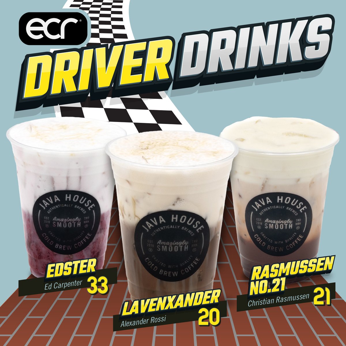 javahouse's tweet image. Driver Signature Drinks launch in all cafe locations May 1st!
💜 Lavenxander — Cold Brew + Vanilla Lavender Cold Foam + Honey + Sea Salt
🏁 Rasmussen No. 21 — Mocha Cold Brew + Vanilla Salt Cold Foam + Sea Salt
🌺 The Edster — Hibiscus Tea + Vanilla Cold Foam + Honey Drizzle