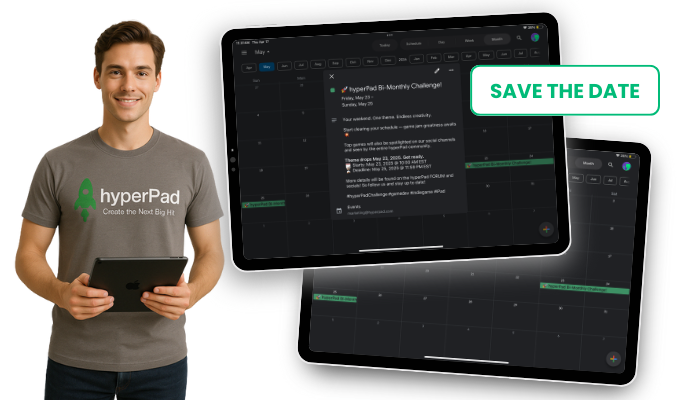 🎉 The countdown begins TOMORROW! 🎉

Get ready for the first-ever hyperPad Bi-Monthly Challenge!

🗓️ May 23, 2025 @ 10:00 AM EST to May 25, 2025 @ 11:59 PM EST

Are YOU up for the challenge?⏱️

#GameDev #iPad #GameJam #hyperPadChallenge