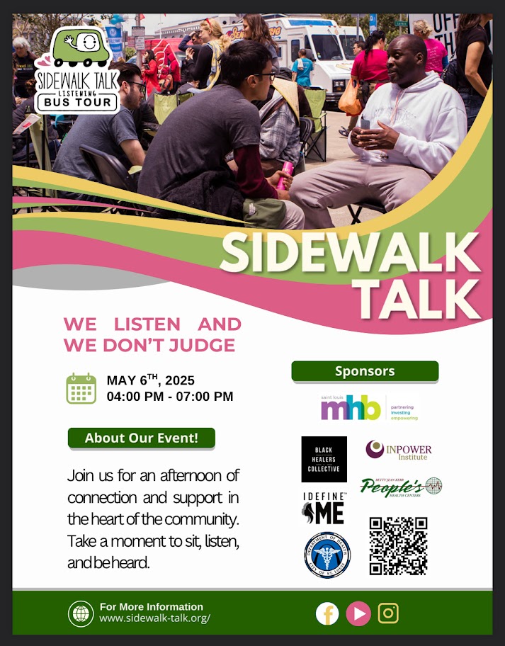 CityofSTLDOH's tweet photo. Join us for Sidewalk Talk, a free community listening event hosted by the @STLMHB. No pressure, no appointments—just real conversations and connection.

📅 May 6, 2025
🕒 4:00pm - 7:00pm
More details: https://t.co/oiRjrRfGa4

#SidewalkTalk #MentalHealthMatters #StLouisCommunity https://t.co/94OGcuhiGD