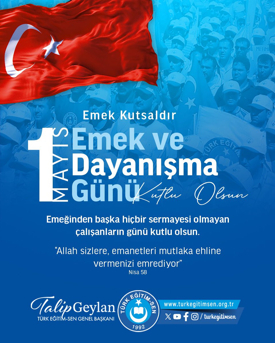 TalipGeylan06's tweet photo. 1 Mayıs Emek ve Dayanışma Günü Kutlu Olsun.

📌Kamu çalışanlarının insanca yaşayabileceği bir ücrete kavuştuğu,
📌Kamunun her kademesinde mensubiyetlerin değil liyakatin esas alındığı,
📌Kamuda aynı işi yapan tüm memurların aynı statüde kadrolu istihdam edildiği,
📌Sadece devlete sadakatin ölçü olduğu, kamu çalışanlarının dışarıdan yapıların tahakkümü altında işleri ile ilkeleri arasında tercihe zorlanmadığı,
📌Devletin vatandaşa uzanan eli olan kamu çalışanlarının daha iyi çalışma koşullarına kavuştuğu,

Nice 1 Mayıslara…
#1Mayıs 
#1MayısEmekVeDayanışmaGünü